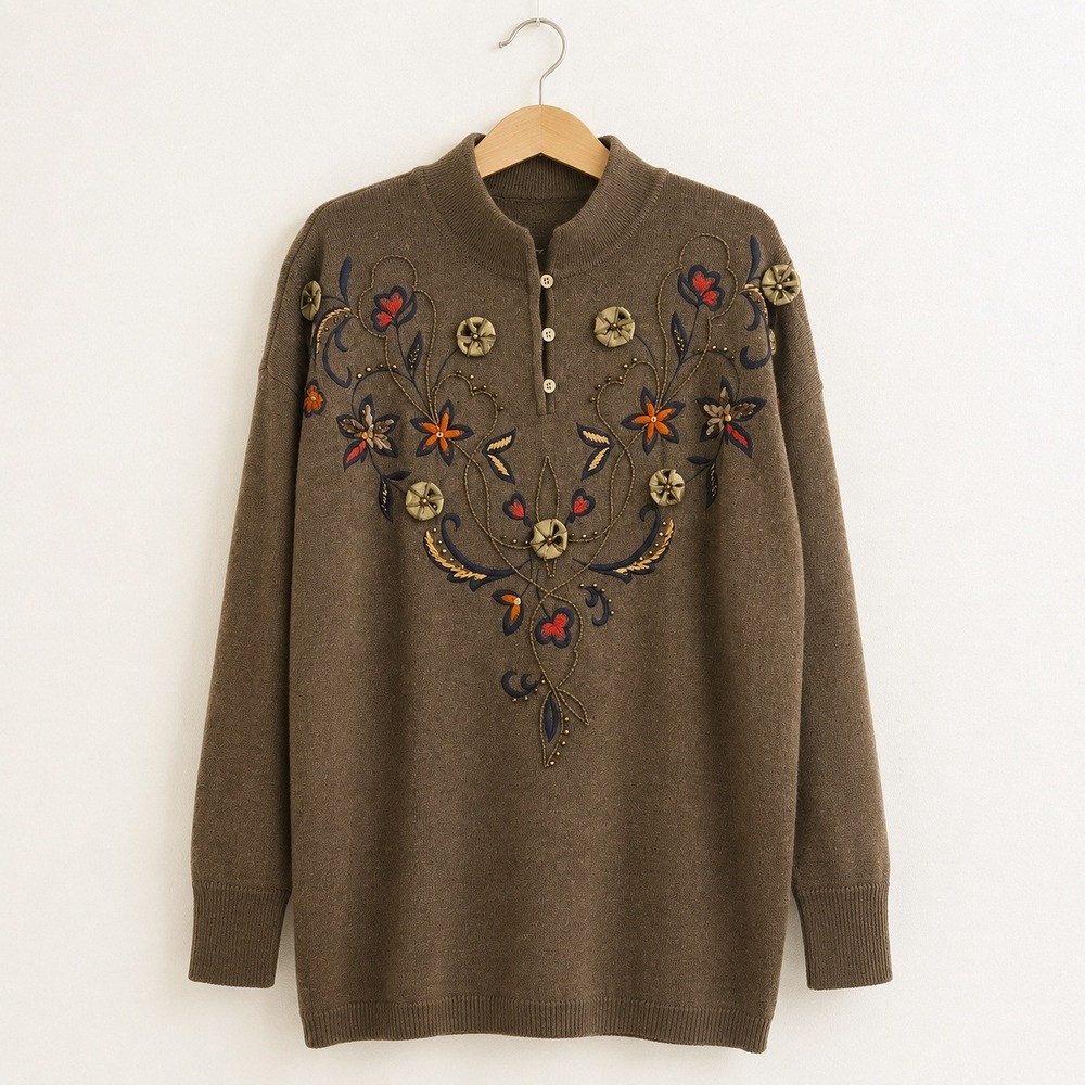 VINTAGE Escada Embroidered Floral Wool Blend Tunic Sweater Womens 34 Brown